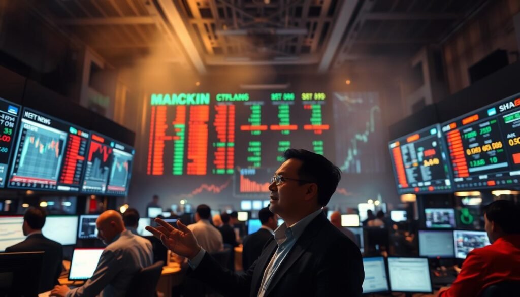 A bustling trading floor, illuminated by the warm glow of computer screens. Traders intently study financial news, analyzing the latest economic indicators. In the foreground, a trader gestures animatedly, discussing potential trading strategies. The middle ground features a large display board, showcasing real-time market data and breaking news. The background is hazy, conveying the urgency and intensity of the trading environment. Soft shadows cast by the overhead lighting create a sense of depth and drama. The overall scene captures the essence of practical news trading, with a focus on the decision-making process and the constant flow of information. A bustling trading floor, illuminated by the warm glow of computer screens. Traders intently study financial news, analyzing the latest economic indicators. In the foreground, a trader gestures animatedly, discussing potential trading strategies. The middle ground features a large display board, showcasing real-time market data and breaking news. The background is hazy, conveying the urgency and intensity of the trading environment. Soft shadows cast by the overhead lighting create a sense of depth and drama. The overall scene captures the essence of practical news trading, with a focus on the decision-making process and the constant flow of information.