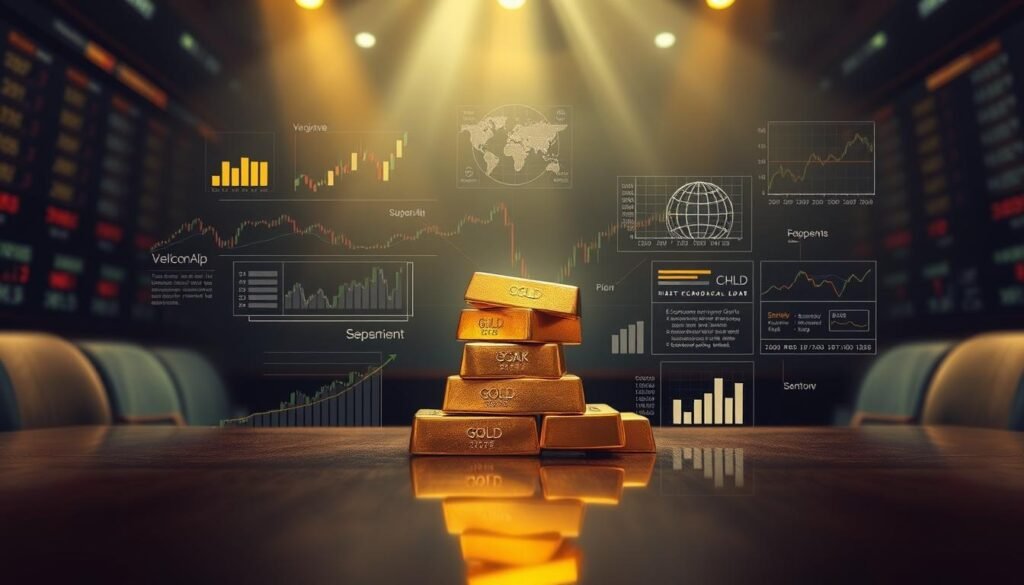 A captivating depiction of the key factors influencing the price of gold. Set against a meticulously rendered background of a stock exchange trading floor, with a dramatic play of light and shadow to convey the gravity and volatility of the gold market. In the foreground, a stack of gold bars sits atop a polished table, surrounded by data visualizations, charts, and graphs illustrating the impact of economic indicators, geopolitical events, and market sentiment on the precious metal's value. The overall composition should exude a sense of sophistication, complexity, and the high-stakes nature of trading gold in the forex market. A captivating depiction of the key factors influencing the price of gold. Set against a meticulously rendered background of a stock exchange trading floor, with a dramatic play of light and shadow to convey the gravity and volatility of the gold market. In the foreground, a stack of gold bars sits atop a polished table, surrounded by data visualizations, charts, and graphs illustrating the impact of economic indicators, geopolitical events, and market sentiment on the precious metal's value. The overall composition should exude a sense of sophistication, complexity, and the high-stakes nature of trading gold in the forex market.