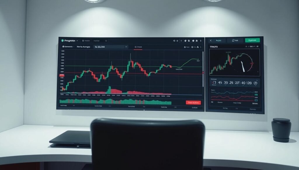 A clean, minimalist trading dashboard with intuitive technical indicators, including a candlestick chart, moving averages, and a momentum oscillator. The layout is designed for efficient scalping, with a sleek, high-contrast interface that highlights key data points. The scene is bathed in cool, neutral tones, creating a focused, professional atmosphere suitable for analyzing short-term price movements. The camera angle is slightly elevated, giving a comprehensive view of the trading tools. Light sources are diffused, creating soft shadows that enhance the depth and dimensionality of the display. A clean, minimalist trading dashboard with intuitive technical indicators, including a candlestick chart, moving averages, and a momentum oscillator. The layout is designed for efficient scalping, with a sleek, high-contrast interface that highlights key data points. The scene is bathed in cool, neutral tones, creating a focused, professional atmosphere suitable for analyzing short-term price movements. The camera angle is slightly elevated, giving a comprehensive view of the trading tools. Light sources are diffused, creating soft shadows that enhance the depth and dimensionality of the display.