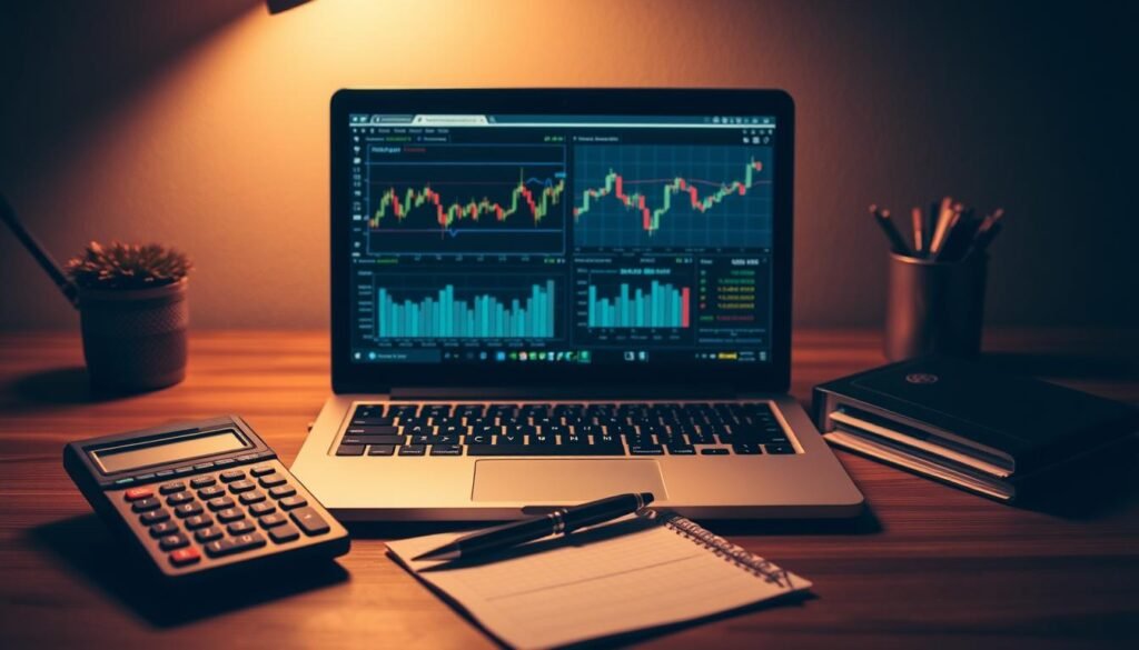 A detailed visual representation of the risk management strategies involved in implementing the Carry Trade forex trading approach. The scene depicts a stylized desktop setup with financial charts, graphs, and analytical tools displayed on a laptop screen, accompanied by a calculator, pen, and notepad. The overall mood is one of focused deliberation, with warm lighting and a sense of calculated precision. The composition emphasizes the importance of careful planning, analysis, and risk mitigation when executing the Carry Trade strategy step-by-step. A detailed visual representation of the risk management strategies involved in implementing the Carry Trade forex trading approach. The scene depicts a stylized desktop setup with financial charts, graphs, and analytical tools displayed on a laptop screen, accompanied by a calculator, pen, and notepad. The overall mood is one of focused deliberation, with warm lighting and a sense of calculated precision. The composition emphasizes the importance of careful planning, analysis, and risk mitigation when executing the Carry Trade strategy step-by-step.