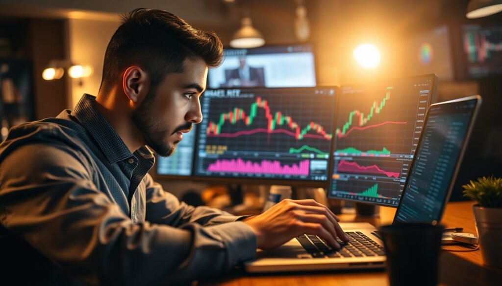 A professional trader evaluating a price chart on a laptop, surrounded by candlestick graphs, trend lines, and risk management indicators. The scene is bathed in a warm, focused lighting that highlights the trader's intense concentration. The background is blurred, emphasizing the trader's task at hand. The overall tone conveys a sense of disciplined decision-making and risk-aware market analysis. A professional trader evaluating a price chart on a laptop, surrounded by candlestick graphs, trend lines, and risk management indicators. The scene is bathed in a warm, focused lighting that highlights the trader's intense concentration. The background is blurred, emphasizing the trader's task at hand. The overall tone conveys a sense of disciplined decision-making and risk-aware market analysis.