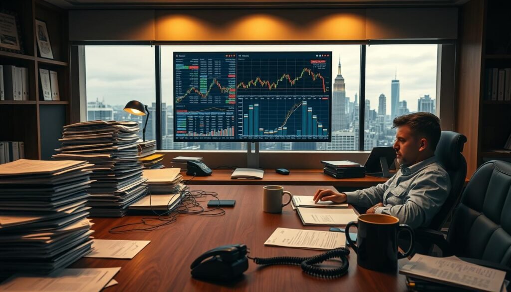A serene office scene, bathed in warm, diffused lighting. Neat stacks of papers and folders adorn a wooden desk, hinting at the diligence and organization required for successful swing trading. However, a tangle of tangled phone cords, a spilled coffee mug, and a concerned expression on the trader's face suggest the common pitfalls - emotional decision-making, poor risk management, and lack of discipline. The middle ground is a wall-mounted monitor displaying volatile market data, emphasizing the delicate balance needed to navigate the ebbs and flows of swing trading. The background features a panoramic city skyline, symbolizing the broader economic landscape that traders must navigate. The overall mood conveys the challenges and opportunities inherent in this trading strategy. A serene office scene, bathed in warm, diffused lighting. Neat stacks of papers and folders adorn a wooden desk, hinting at the diligence and organization required for successful swing trading. However, a tangle of tangled phone cords, a spilled coffee mug, and a concerned expression on the trader's face suggest the common pitfalls - emotional decision-making, poor risk management, and lack of discipline. The middle ground is a wall-mounted monitor displaying volatile market data, emphasizing the delicate balance needed to navigate the ebbs and flows of swing trading. The background features a panoramic city skyline, symbolizing the broader economic landscape that traders must navigate. The overall mood conveys the challenges and opportunities inherent in this trading strategy.