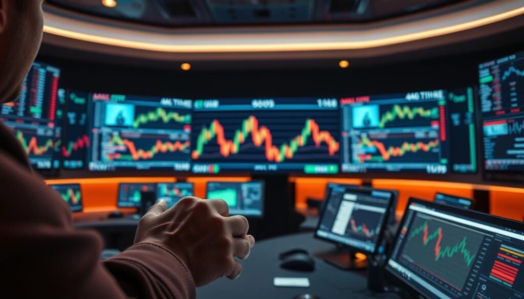 A vast digital marketplace with currency pairs dancing across the screen, the oil futures contract shimmering at the center. In the foreground, a trader's hands expertly manipulate charts and indicators, their face etched in concentration. The background is a sleek, high-tech control room, with multiple monitors displaying real-time data and news feeds. Warm, diffused lighting casts a contemplative glow, as the trader contemplates their next move in this dynamic and volatile market. Smooth camera angles and a cinematic style convey the thrilling yet calculated nature of oil trading in the Forex realm. A vast digital marketplace with currency pairs dancing across the screen, the oil futures contract shimmering at the center. In the foreground, a trader's hands expertly manipulate charts and indicators, their face etched in concentration. The background is a sleek, high-tech control room, with multiple monitors displaying real-time data and news feeds. Warm, diffused lighting casts a contemplative glow, as the trader contemplates their next move in this dynamic and volatile market. Smooth camera angles and a cinematic style convey the thrilling yet calculated nature of oil trading in the Forex realm.
