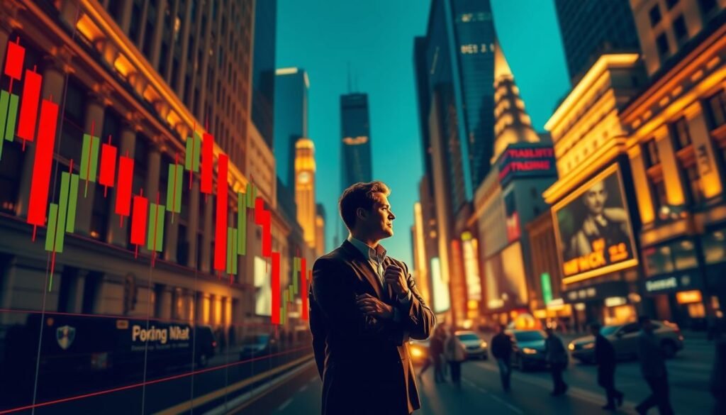 A vibrant, dynamic image of "swing trading" showcasing its unique characteristics. In the foreground, a stylized stock chart with candles fluctuating up and down, conveying the volatility and momentum of the market. The middle ground features a figure in a suit, engaged in contemplative analysis, representing the thoughtful decision-making required for successful swing trading. The background depicts a bustling financial district, with skyscrapers and busy streets, hinting at the broader economic context. The scene is bathed in warm, golden lighting, evoking a sense of opportunity and potential. The overall mood is one of active, balanced engagement with the markets, capturing the essence of the swing trading strategy. A vibrant, dynamic image of "swing trading" showcasing its unique characteristics. In the foreground, a stylized stock chart with candles fluctuating up and down, conveying the volatility and momentum of the market. The middle ground features a figure in a suit, engaged in contemplative analysis, representing the thoughtful decision-making required for successful swing trading. The background depicts a bustling financial district, with skyscrapers and busy streets, hinting at the broader economic context. The scene is bathed in warm, golden lighting, evoking a sense of opportunity and potential. The overall mood is one of active, balanced engagement with the markets, capturing the essence of the swing trading strategy.