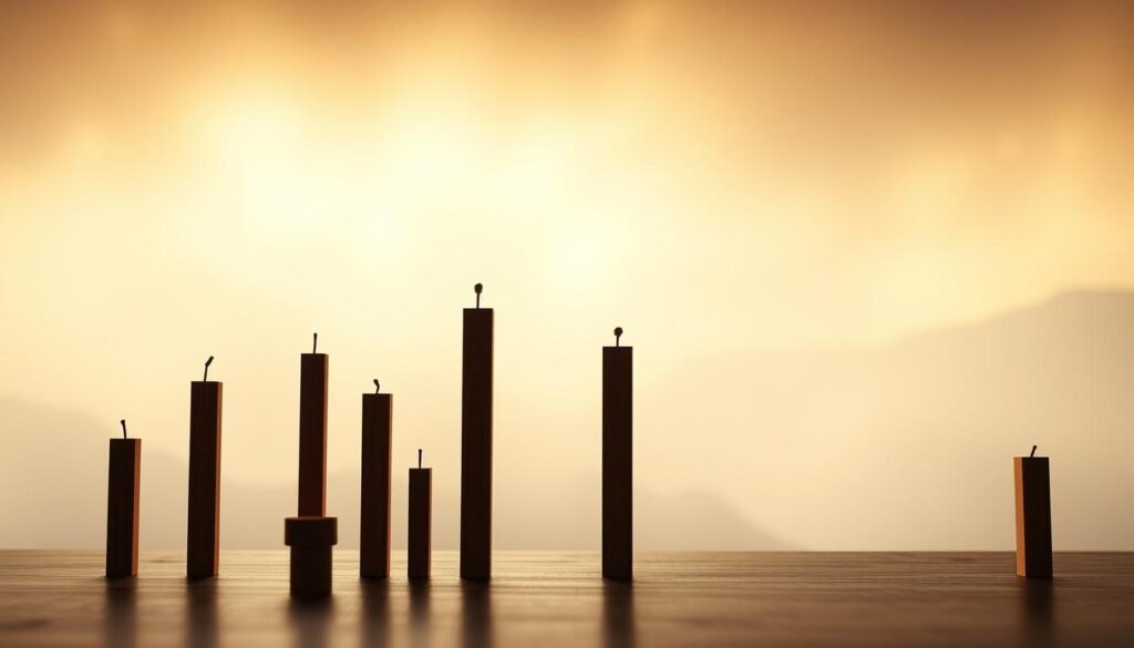 An elegant array of Japanese candlestick patterns against a serene backdrop. In the foreground, a collection of classic reversal formations such as the Hammer, Hanging Man, and Engulfing patterns, rendered in rich, lifelike detail. The middle ground features a soft, atmospheric lighting that casts a warm, contemplative glow, while the background subtly blends into a muted, neutral palette, allowing the candlestick models to take center stage. The overall composition evokes a sense of analytical stillness, inviting the viewer to study the nuanced patterns that form the foundation of price action trading. An elegant array of Japanese candlestick patterns against a serene backdrop. In the foreground, a collection of classic reversal formations such as the Hammer, Hanging Man, and Engulfing patterns, rendered in rich, lifelike detail. The middle ground features a soft, atmospheric lighting that casts a warm, contemplative glow, while the background subtly blends into a muted, neutral palette, allowing the candlestick models to take center stage. The overall composition evokes a sense of analytical stillness, inviting the viewer to study the nuanced patterns that form the foundation of price action trading.