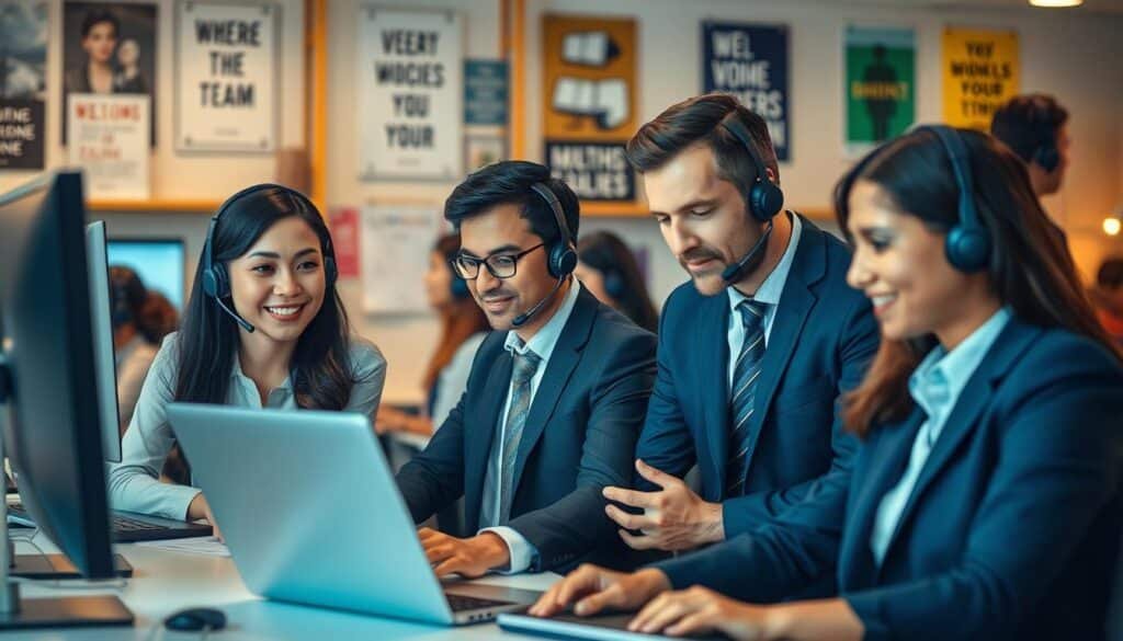 A busy customer support center, depicting a diverse group of professionals in smart business attire engaged in various customer service tasks. In the foreground, a friendly Asian woman speaking on a headset while typing on her laptop, focused and attentive. The middle ground features a Caucasian man collaborating with a colleague, reviewing a technical issue on a large monitor. In the background, shelves lined with technology and motivational posters create an inspiring atmosphere. Soft, warm lighting casts a welcoming glow, enhancing the sense of teamwork and support. The image captures a dynamic work environment, reflecting professionalism and dedication.
