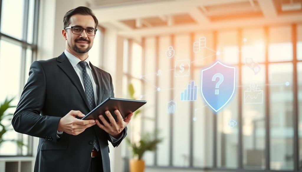 A conceptual representation of "Negative Balance Protection" in a financial context. In the foreground, a confident business professional in formal attire stands with a tablet displaying fluctuating financial graphs, symbolizing security and control. In the middle, abstract visuals of currency symbols and digital balances hover, interconnected by dynamic lines to indicate protection and stability. The background features a modern office environment with large windows, letting in natural light that casts soft shadows, creating a bright and optimistic atmosphere. The mood conveys trust and innovation in financial trading, with a focus on the assurance of safeguarding investments and minimizing risks. Use a wide-angle lens effect to enhance depth, emphasizing the person and the financial elements around them.