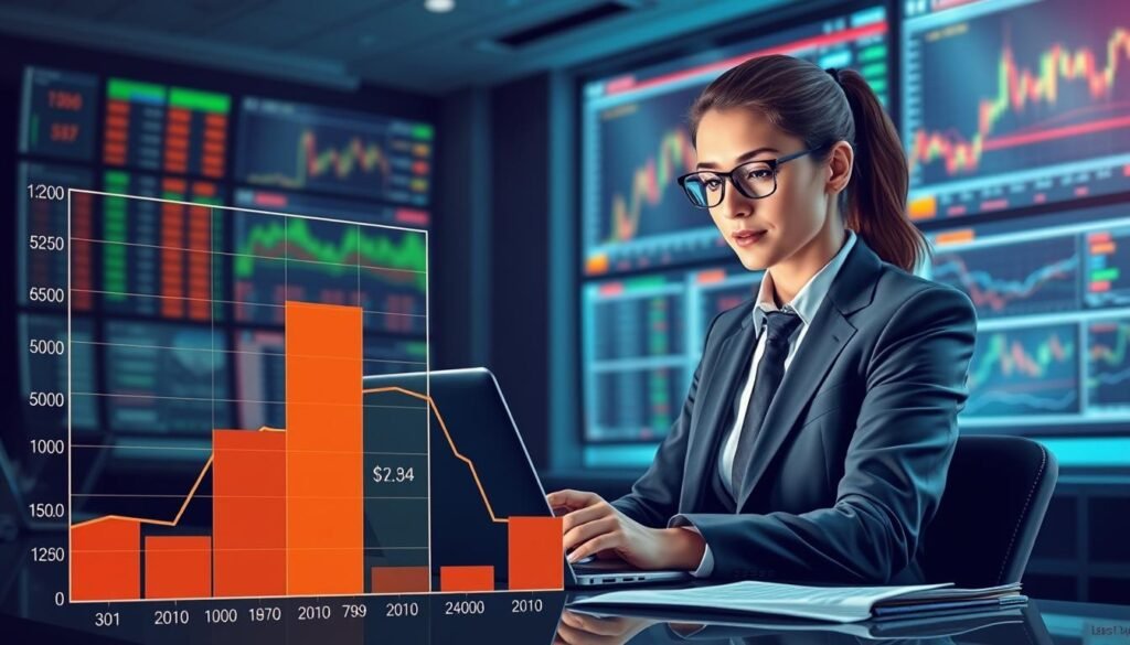 A detailed illustration capturing the essence of trading commissions and fees in IC Markets. In the foreground, an elegantly designed financial chart displays different fee structures, highlighted with bright colors to emphasize key figures. In the middle, a professional trader, dressed in a smart business suit, analyzes data on a laptop, their expression focused and engaged. The background features a modern trading office with multiple screens showcasing stock market trends, illuminated by soft, ambient lighting that creates a productive atmosphere. The scene should evoke a sense of professionalism and clarity, with a sharp, realistic focus and an uplifting mood that reflects the dynamic nature of trading environments.