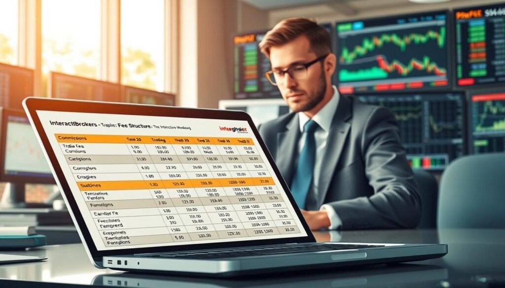 A detailed illustration showcasing the fee structure of Interactive Brokers. In the foreground, an open laptop displays a colorful and well-organized table of trading fees, commissions, and other costs, with attractive infographics. In the middle ground, a focused business professional, wearing smart business attire, is analyzing financial data, with an expression of concentration. Behind them, an office environment filled with charts and stock market tickers on multiple screens sets the scene, illuminated by soft, natural lighting streaming in through a large window. The overall atmosphere is one of professionalism and analytical focus, captured from a slightly elevated angle to provide a clear view of both the laptop screen and the busy office background, creating a dynamic and engaging visual representation. A detailed illustration showcasing the fee structure of Interactive Brokers. In the foreground, an open laptop displays a colorful and well-organized table of trading fees, commissions, and other costs, with attractive infographics. In the middle ground, a focused business professional, wearing smart business attire, is analyzing financial data, with an expression of concentration. Behind them, an office environment filled with charts and stock market tickers on multiple screens sets the scene, illuminated by soft, natural lighting streaming in through a large window. The overall atmosphere is one of professionalism and analytical focus, captured from a slightly elevated angle to provide a clear view of both the laptop screen and the busy office background, creating a dynamic and engaging visual representation.