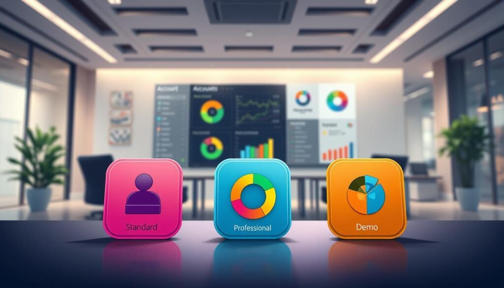 A detailed illustration showcasing the various account types available at AvaTrade. In the foreground, depict three distinct account icons representing different account types (like Standard, Professional, and Demo), each symbolized by unique, vibrant designs. The middle ground features a sleek digital interface displaying account features and benefits, with pie charts and graphs subtly integrated. In the background, a modern office environment with soft lighting creates a professional atmosphere, emphasizing the significance of trading. Use a wide-angle lens perspective to capture the depth of the scene, ensuring clarity in detail. The overall mood should feel informative and engaging, appealing to aspiring traders looking for account options. No text or logos included.