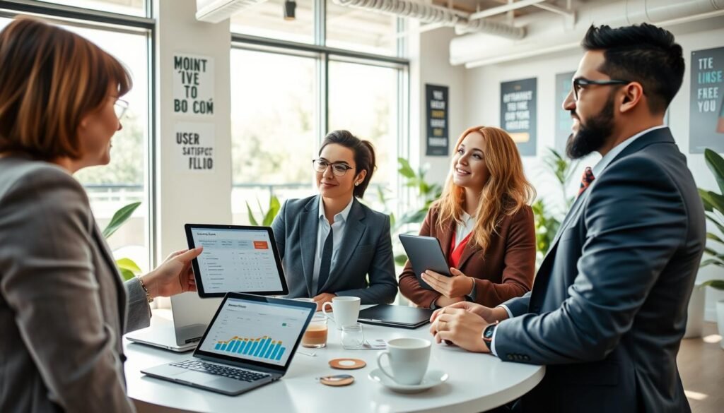 A diverse group of professionals engaged in a collaborative discussion about their experiences with HFM. In the foreground, a mid-aged woman in smart business attire points at a tablet displaying user feedback, while a young man in a suit listens attentively. The middle ground shows a round table with laptops, coffee cups, and colorful charts illustrating user satisfaction metrics. In the background, a bright and modern office space with large windows allowing natural light to flood in, creating a warm and inviting atmosphere. The room is adorned with motivational posters and plants, promoting an innovative and cooperative mood. The angle should capture the group's interaction from a slightly elevated perspective, highlighting their engagement and diverse expressions.