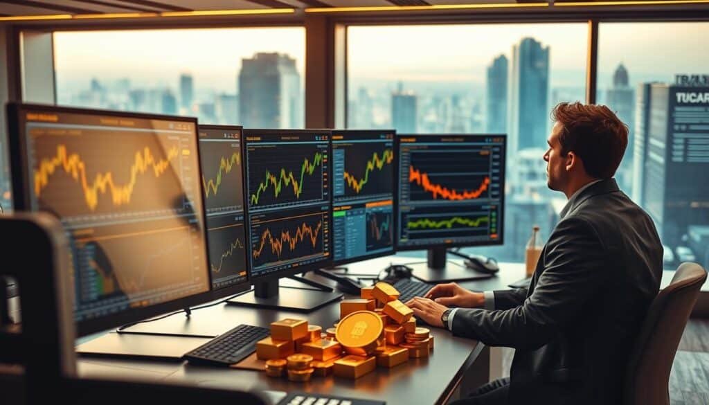A dynamic and engaging representation of gold trading in financial markets. In the foreground, a professional trader in business attire is analyzing gold price charts on multiple screens, showcasing data and graphs. The middle ground features golden bars and coins, symbolizing wealth and investment. In the background, a sleek, modern trading environment with large windows displays a bustling city skyline under soft, warm lighting, creating an inviting and focused atmosphere. The scene captures a sense of urgency and professionalism, with a slight depth of field to emphasize the trader and gold elements. Ensure no text or branding is present.