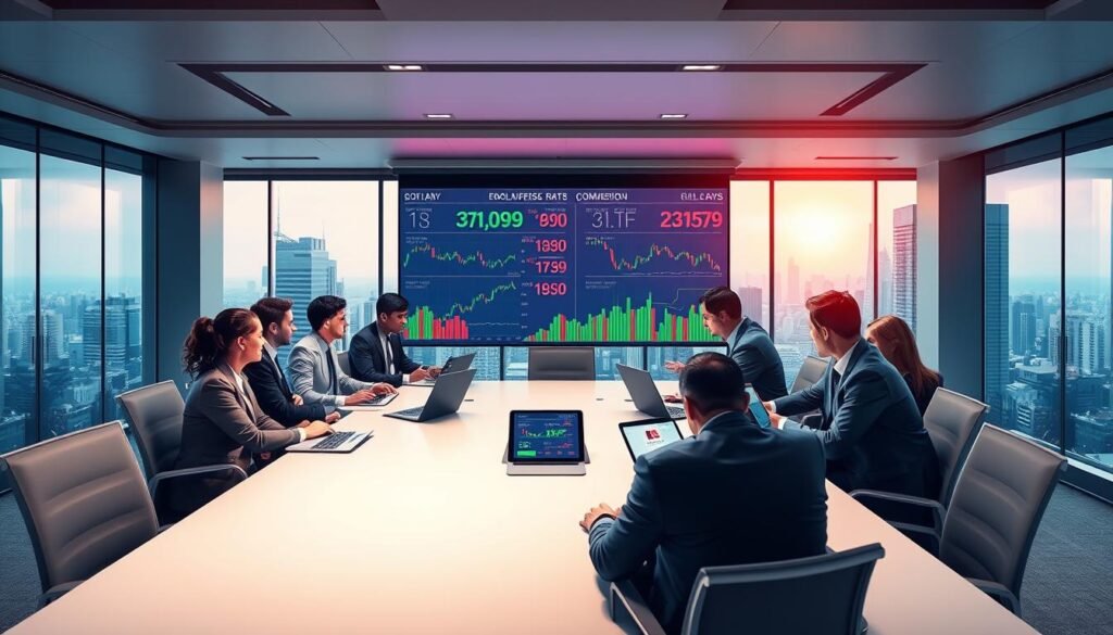 A dynamic scene illustrating the concept of price differences in Swissquote trading, showcasing a modern office environment. In the foreground, a diverse group of professionals, dressed in sharp business attire, are engaged in a discussion around a sleek conference table with digital devices displaying various graphs and price charts. The middle ground features a large digital screen showcasing fluctuating prices and commission rates, with vibrant colors emphasizing the market volatility. In the background, panoramic windows reveal a bustling cityscape, under a soft, ambient light that gives a sense of optimism and professionalism. The mood is focused and energetic, capturing the essence of financial trading and analysis. The image is well-composed to ensure clarity and balance in visual elements, creating a compelling illustration for the section on trading fees and expenses.
