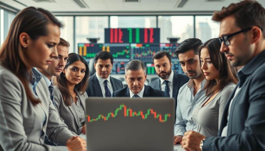 A focused scene illustrating the common challenges faced by beginners in Forex trading, specifically when dealing with FCA-licensed companies. In the foreground, a diverse group of diverse individuals in professional business attire, looking concerned while studying a laptop displaying candlestick charts and financial data. The middle layer features a vibrant trading room environment, with financial news tickers and colorful graphs on screens. In the background, an office setting with windows showing a bustling cityscape. Soft, natural lighting creates an atmosphere of determination and focus, while a slight lens blur adds depth. The overall mood is one of challenge, learning, and transition, emphasizing the complexities of getting started in Forex trading.