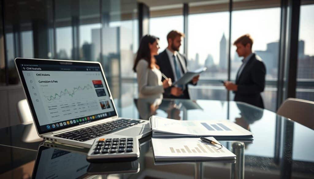 A modern and professional financial setting showcasing a transparent glass desk with a laptop open to the CMC Markets interface. In the foreground, a calculator and a notepad with financial graphs are placed on the desk, symbolizing commissions and fees. In the middle ground, a diverse group of three business people, dressed in smart business attire, are engaged in a discussion, analyzing financial data. The background features a large window revealing a city skyline, bathed in natural light, creating an atmosphere of professionalism and focus. Use soft, balanced lighting to enhance the clarity and detail of the scene, with a slight depth of field to emphasize the foreground elements while keeping the background slightly blurred. The mood is serious and analytical, reflecting the importance of understanding trading costs.