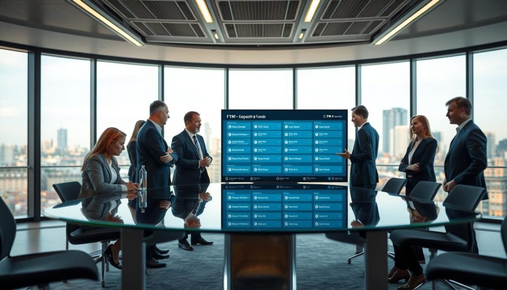 A modern financial technology scene depicting the process of depositing and withdrawing funds with FXTM. In the foreground, a diverse group of professionals in business attire discusses financial transactions around a sleek, glass conference table. The middle ground features a digital display showing FXTM's online platform interface, highlighting various options for depositing and withdrawing money. The background showcases a bright, contemporary office setting with large windows revealing a city skyline and vibrant lighting. The atmosphere is professional and focused, reflecting a sense of trust and innovation in online trading. Use a clean, sharp focus, with a slight depth of field to emphasize the professionals in the foreground while gently blurring the background for a dynamic effect.