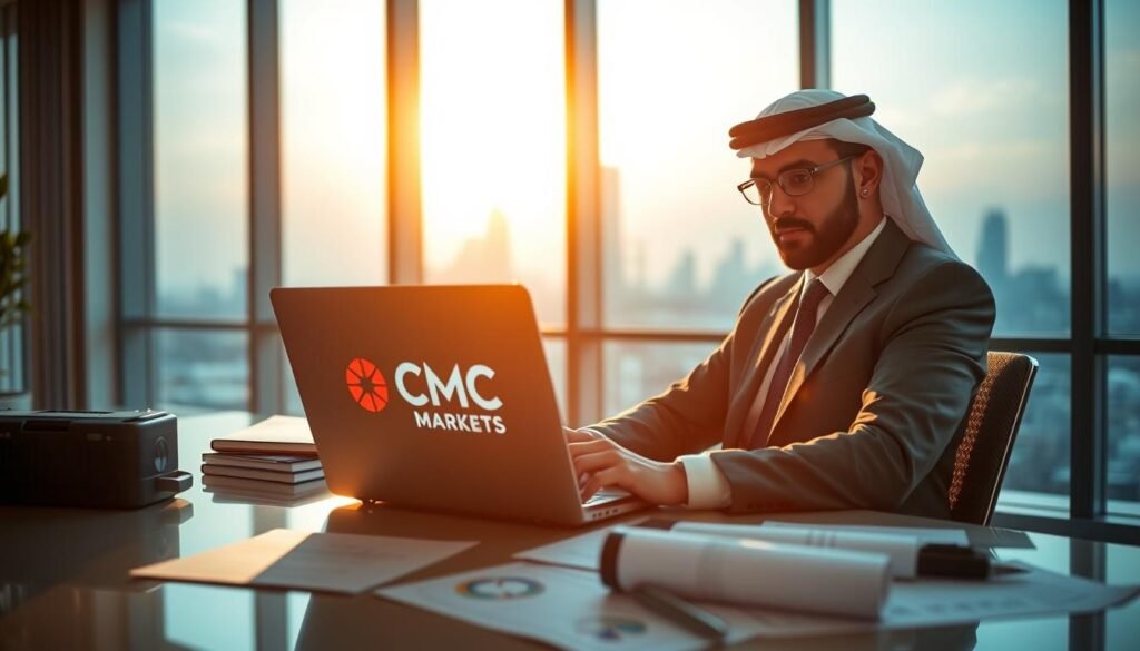 A modern office setting featuring a professional businessperson, a Middle-Eastern man in smart attire, sitting at a sleek desk while engaging with a laptop screen displaying the CMC Markets logo. In the foreground, focus on the warm, inviting light illuminating the workspace through large windows, casting a calm atmosphere. The middle background includes financial charts and documents scattered on the desk, showcasing data analysis and investment concepts relevant to opening an account. The background captures a city skyline, blending natural light with a slight gradient of blues and golds as the sun sets. The mood is determined and focused, conveying a sense of opportunity and professionalism in finance. The image should be clear and detailed, with a depth of field that emphasizes the subject while softly blurring the background.