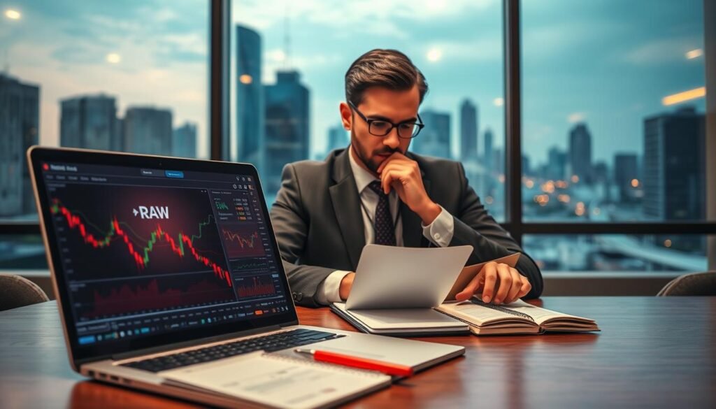 A modern, professional trading workspace featuring a sleek laptop displaying financial charts and graphs related to "حسابات RAW" in the foreground. Beside the laptop, a notepad filled with analytical notes and strategic trading ideas. In the middle, a confident trader in professional business attire, deeply focused on the data, analyzing numbers on the screen with a thoughtful expression. The background includes a large window showcasing a city skyline at dusk, with warm ambient lighting filtering through, creating a serene yet dynamic atmosphere. The scene is captured from a slight angle, enhancing the depth and inviting viewers into the workspace, evoking a sense of professionalism and dedication to trading excellence.