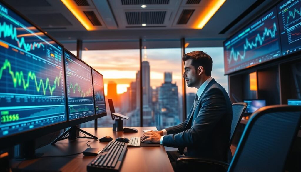 A modern, sleek trading room featuring advanced trading technologies. In the foreground, display a high-tech computer with multiple screens showing real-time trading charts and data, illuminated with soft blue and green lighting. In the middle ground, a professional trader in business attire is intently analyzing the screens, with reflections of the data on their focused expression. The background features large windows showcasing a city skyline at sunset, casting a warm amber glow that contrasts with the cool tones of the technology. The atmosphere is dynamic and electric, highlighting the speed and efficiency of modern trading. Use a wide-angle lens to create depth, emphasizing the intricate details of the trading setup, while maintaining a polished and professional ambiance.
