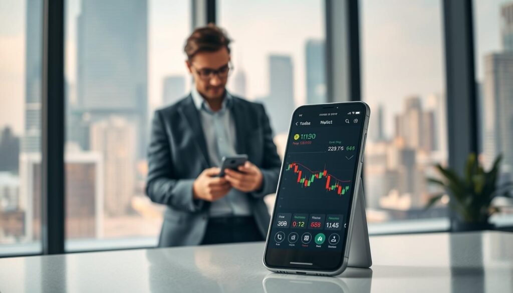 A modern smartphone placed prominently in the foreground, displaying a sleek trading application interface with colorful charts and indicators. In the middle ground, a professional business person in smart casual attire is engaged with the smartphone, their focused expression illustrating concentration and analysis. In the background, a contemporary office setting with large windows offering a view of a bustling cityscape conveys a sense of professionalism and success. Soft, natural lighting filters through the windows, creating a warm and inspiring atmosphere. The scene should be captured with a shallow depth of field, emphasizing the smartphone in the foreground while subtly blurring the office and city elements behind. The overall mood is one of innovation, financial ambition, and technological advancement.
