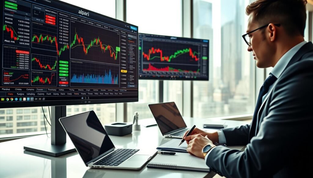 A modern trading platform interface showcasing Alpari's trading tools. In the foreground, a large computer monitor displays live market charts and graphs, highlighting various trading options in vibrant colors. A professional trader, dressed in business attire, is focused on analyzing the data, with a notebook and pen nearby for taking notes. In the middle ground, a sleek laptop and additional monitors on a stylish desk create a high-tech atmosphere. The background features a spacious, well-lit office with subtle views of city skyscrapers through large windows, casting soft daylight into the room. The overall mood is dynamic and professional, emphasizing the cutting-edge features of Alpari's trading platforms, with attention to detail and clarity to enhance the viewer's understanding of financial trading.