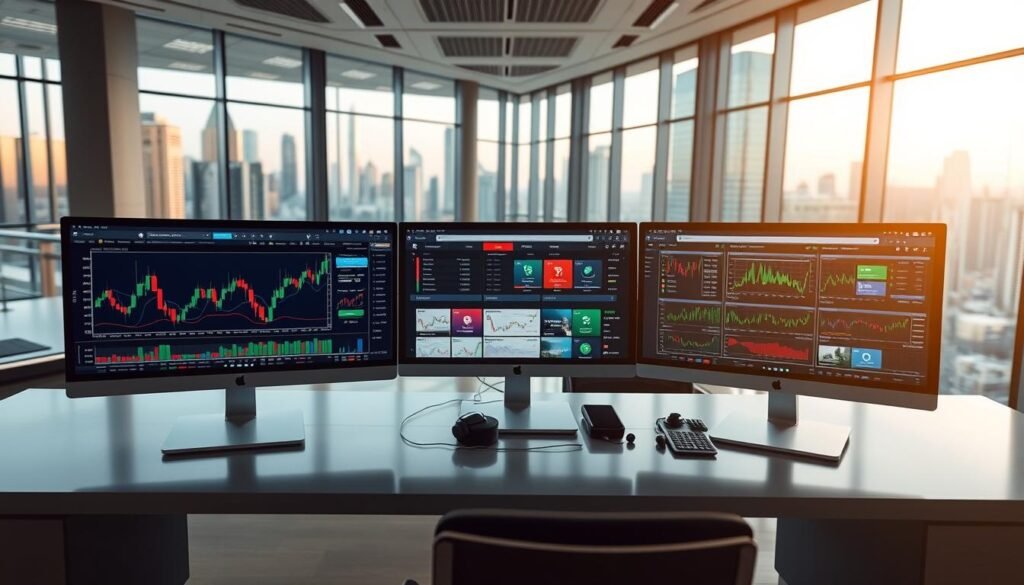 A modern trading platform interface showcasing HFM's available trading tools and features. In the foreground, display a sleek computer screen with vibrant graphs, charts, and indicators depicting market trends, surrounded by a stylish desk setup with professional business attire-clad individuals engaged in trading activities. In the middle section, integrate additional screens showing diverse trading options, including forex, commodities, and stocks with clear, user-friendly navigation. In the background, depict a high-tech trading office environment with large windows overlooking a bustling cityscape, illuminated by soft, natural lighting. The scene should convey a sense of professionalism, focus, and opportunity, with a contemporary and dynamic atmosphere highlighting the innovative nature of HFM's trading platforms.