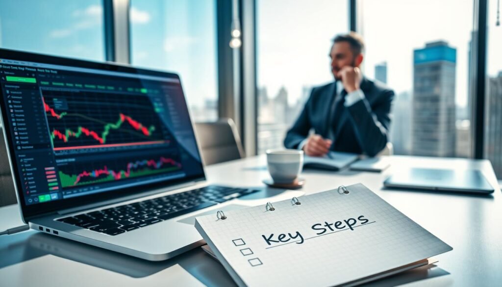 A modern trading workspace featuring a focus on the essential steps for trading with Pepperstone. In the foreground, a sleek desk with a laptop displaying a trading platform interface, colorful charts, and financial graphs. A notepad with a checklist titled "4 Key Steps" is beside the laptop. In the middle ground, a professional individual in smart business attire is analyzing the data, deep in thought, with a coffee cup nearby. The background shows a large window with a city skyline view, bathed in soft daylight, creating a vibrant and optimistic atmosphere. Use natural light coming from the window to highlight the workspace, with a slight depth of field to keep the focus on the individual and the trading setup, evoking a sense of professionalism and focus on trading with Pepperstone.