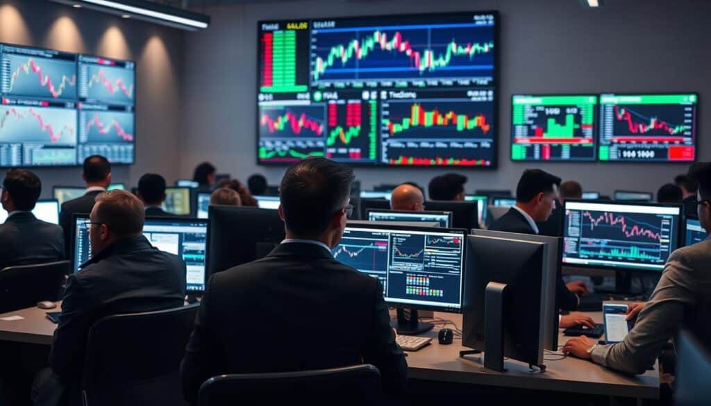A professional Forex trading environment tailored for scalping. In the foreground, a diverse group of focused traders in business attire, intently observing various computer screens displaying live Forex charts and market data. The middle ground features sleek, modern desks with multiple monitors, filled with vibrant graphs and currency symbols, reflecting dynamic trading activity. In the background, a large wall screen displays Forex market trends and scalping strategies. Soft, diffused lighting enhances the atmosphere of concentration and urgency, while a lens effect subtly blurs the edges to create depth. The overall mood is one of intense focus and professional ambition, conveying the fast-paced world of Forex scalping.