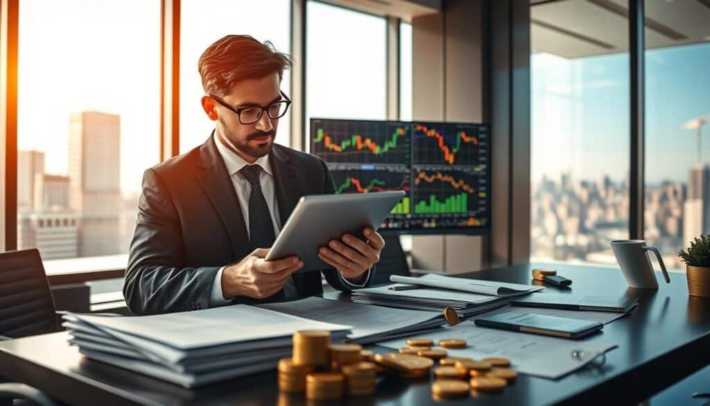 A professional and informative scene showcasing "Technical Analysis for Gold Trading." In the foreground, a business professional, dressed in smart business attire, is analyzing charts on a digital tablet, focusing on candlestick graphs and indicators reflecting gold prices. The middle ground features a large monitor displaying real-time gold market data and analytical tools, alongside a desk cluttered with financial reports and gold coins. In the background, a sleek, modern office interior with a city skyline visible through large windows, bathed in warm, natural light. The mood is focused and analytical, conveying a sense of expertise in financial trading. The composition uses a shallow depth of field to emphasize the analysis process, captured from a slightly elevated angle to include all elements harmoniously.
