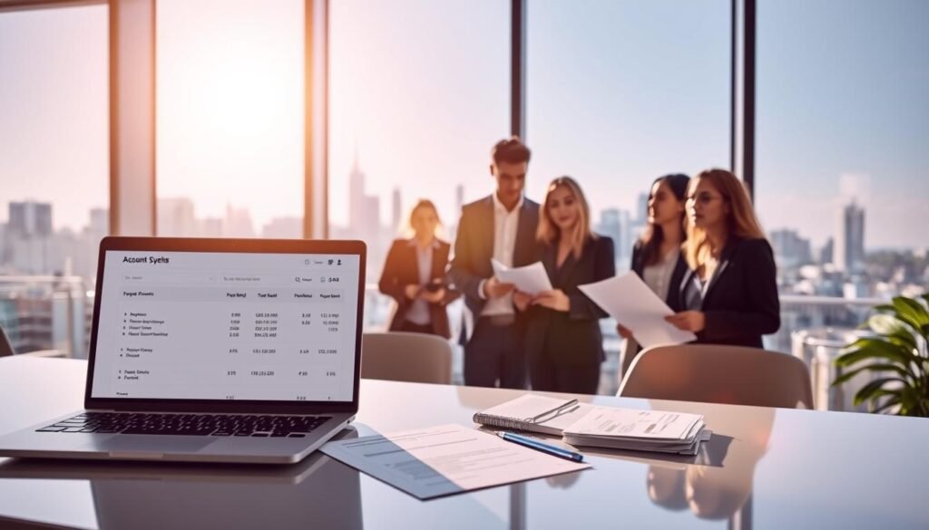 A professional and modern financial setting illustrating the various account types offered by Saxo Bank. In the foreground, depict a sleek, elegant desk with financial documents and a laptop displaying account options. The middle ground features a diverse group of professionals in business attire, engaged in discussion over the documents, showcasing collaboration and expertise. In the background, a large window overlooks a city skyline, bathed in natural sunlight, creating a bright and inviting atmosphere. The scene should convey a sense of trust and innovation in financial services, emphasizing professionalism and clarity. Use soft, warm lighting to enhance the mood, with a focus on detail in the documents and expressions of the professionals.