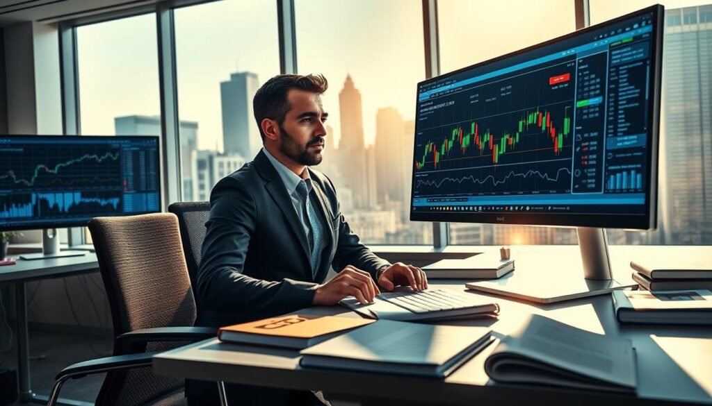A professional depiction of ECN services at IC Markets, showcasing a modern trading desk in an office environment. In the foreground, a sleek computer monitor displays dynamic financial charts and graphs, highlighting trading activity. To the left, a well-dressed trader, focused and analytical, is seated, examining data with a thoughtful expression. The middle layer features a neatly organized workspace with financial books and reports scattered around, adding context. In the background, large windows reveal a vibrant city skyline bathed in soft natural light, creating a bright and optimistic atmosphere. The overall mood conveys professionalism, innovation, and a forward-thinking approach to trading, with a color palette of blues and grays emphasizing trust and stability.