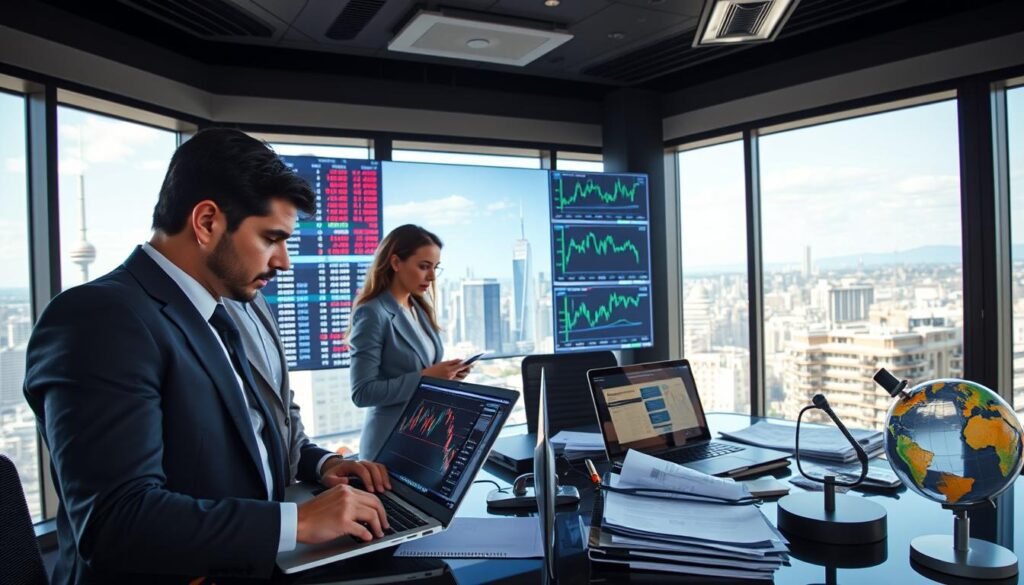 A professional forex trading scene featuring a diverse group of individuals analyzing market trends. In the foreground, a businessman and businesswoman dressed in formal attire, intently examining financial charts on a sleek laptop with colorful graphs displayed. In the middle ground, a large digital screen shows real-time currency exchange rates and candlestick charts, while a modern office desk cluttered with financial reports and a glowing globe is visible. The background displays a panoramic city skyline through a large window, signaling a bustling financial district under a bright, sunny sky. The atmosphere is focused and dynamic, highlighting the excitement of forex trading with bright, natural lighting, shot from a slightly elevated angle to capture the entire scene effectively. A professional forex trading scene featuring a diverse group of individuals analyzing market trends. In the foreground, a businessman and businesswoman dressed in formal attire, intently examining financial charts on a sleek laptop with colorful graphs displayed. In the middle ground, a large digital screen shows real-time currency exchange rates and candlestick charts, while a modern office desk cluttered with financial reports and a glowing globe is visible. The background displays a panoramic city skyline through a large window, signaling a bustling financial district under a bright, sunny sky. The atmosphere is focused and dynamic, highlighting the excitement of forex trading with bright, natural lighting, shot from a slightly elevated angle to capture the entire scene effectively.