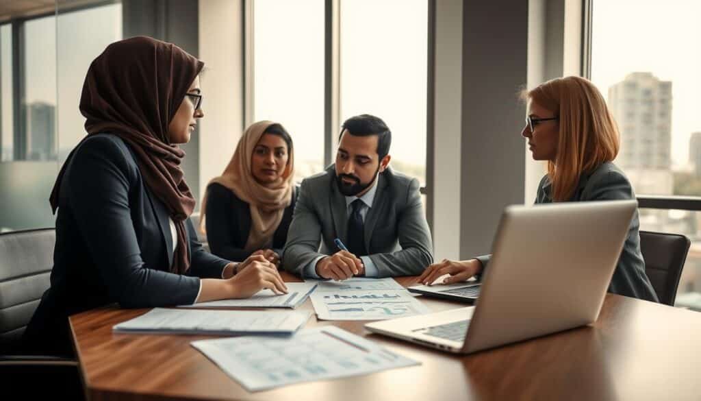 A professional office setting depicting a group of diverse individuals in business attire, attentively discussing compliance and regulatory commitments related to CySEC's License 46. In the foreground, a well-organized table with documents, graphs, and a laptop, illustrating ongoing obligations. The middle ground features the individuals: a Middle-Eastern woman, an African man, and a Caucasian woman actively engaged in conversation, emphasizing teamwork and professionalism. The background shows a large window with a cityscape view, brightening the room with natural light. The atmosphere conveys a sense of diligence and accountability, with soft, warm lighting to enhance the focus on the people and their discussion, framed at a slight angle to capture depth.