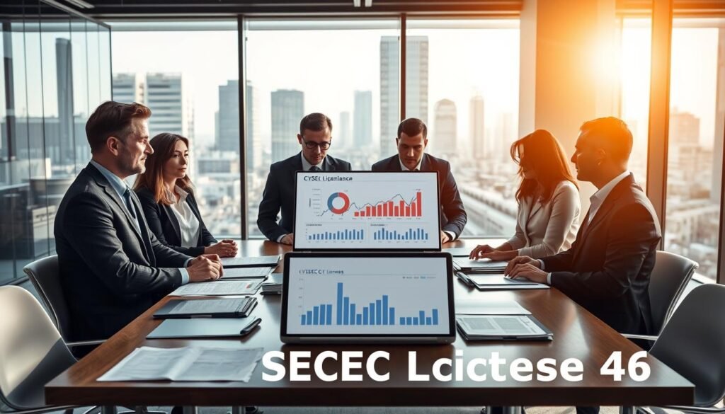 A professional office setting depicting the challenges of obtaining CySEC License 46. In the foreground, a diverse group of business professionals, dressed in smart business attire, are engaged in a serious discussion around a conference table filled with documents and regulatory forms. The middle ground features an open laptop displaying graphs and statistics related to financial compliance. The backdrop is a modern office space with city views through large windows, bathed in soft natural light that creates an optimistic atmosphere. The mood is focused and determined, highlighting the solutions being explored amidst the complexities of regulatory requirements. Shot from a slightly elevated angle to provide depth to the scene without distractions or text elements.