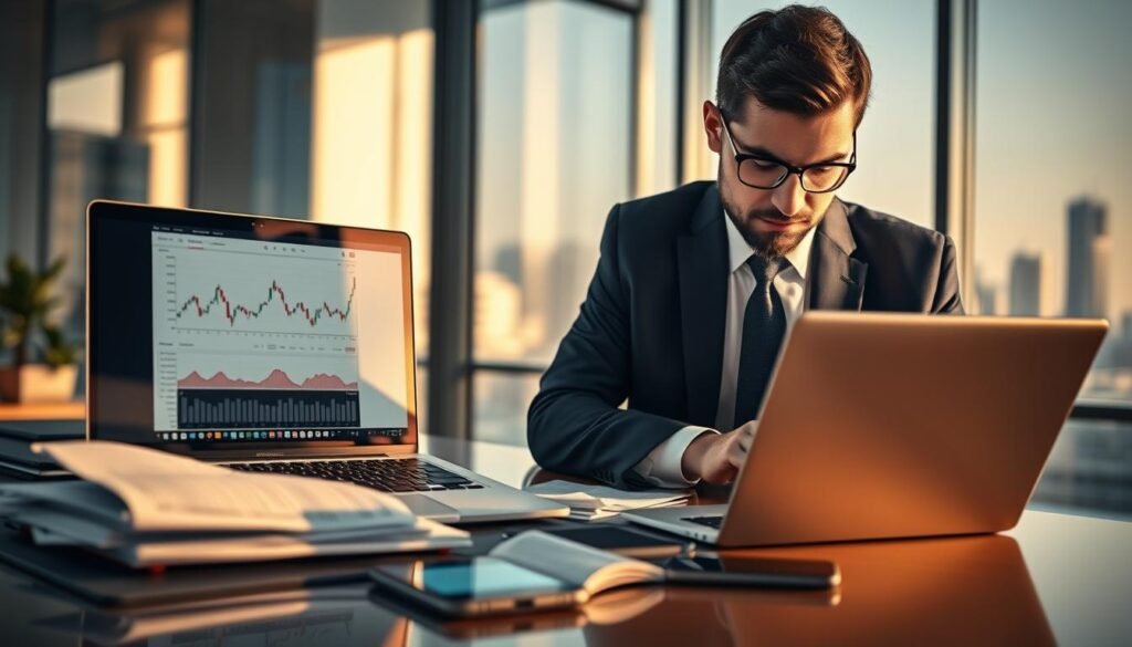 A professional, serene office setting illustrating the concept of verifying the legitimacy of trading companies. In the foreground, a focused individual in a business suit closely examines a laptop screen, highlighting a trading platform with analytical graphs and documentation visible. The middle ground features a sleek desk cluttered with financial reports and a smartphone displaying a financial news app. The background reveals a large window showcasing a city skyline, bathed in warm afternoon light, creating an atmosphere of professionalism and trust. Soft shadows enhance the detailed textures of the office furnishings, while a subtle lens blur emphasizes depth. The overall mood should convey diligence and caution, emphasizing the importance of careful assessment in the trading industry.