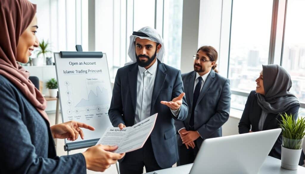 A professional setting depicting a diverse group of individuals in business attire, engaged in a discussion about opening an Islamic trading account. In the foreground, a confident woman with hijab, using a laptop and pointing towards a detailed brochure outlining the steps. In the middle, a man of Middle Eastern descent explaining the process on a whiteboard with diagrams about Islamic finance principles. The background features a bright, modern office space with minimalistic decor, large windows letting in natural light, and a view of a bustling city. The atmosphere is collaborative and focused, with soft lighting emphasizing the importance of financial integrity and respect for Islamic banking principles.