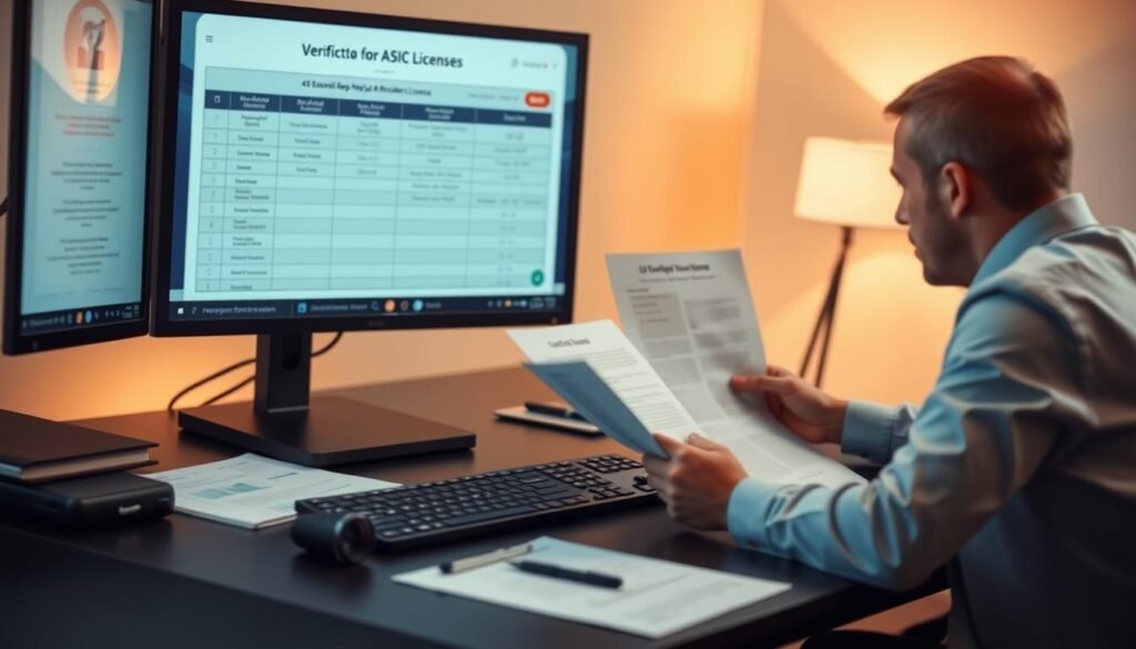 A professional setting showcasing a desk with a computer screen displaying a detailed verification process for ASIC licensing. In the foreground, a focused businessperson in formal attire, intensively reviewing documents related to ASIC licenses. The middle ground features a well-organized workspace with charts, guidelines, and a checklist for the "45 Essential Steps to Verify an ASIC Broker License." In the background, soft lighting casts a warm glow, creating an atmosphere of concentration and diligence. The composition captures the essence of professionalism and trust, with a slight depth of field effect to emphasize the subject. The lens used conveys clarity, ensuring that the details of the documents and the workspace are crisp and clear, with a slight angle from the side to capture the businessperson's engagement with their task.