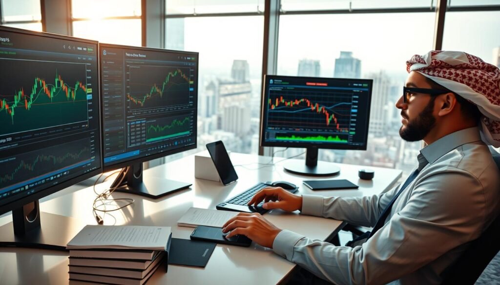 A professional trader at a modern trading desk engaged in an active trading session with multiple monitors displaying charts and graphs. The foreground features the trader, a young Middle-Eastern man in smart business attire, focused on his screens while analyzing market data. In the middle, the sleek trading desk cluttered with a few finance books and a smartphone, conveying a sense of diligence and professionalism. The background shows a bright, glass-walled office space with cityscape views, creating an atmosphere of high-stakes financial activity. Soft, natural lighting pours in from the windows, highlighting the intensity of his concentration but creating a calm, focused environment. The overall mood is one of determination and expertise, capturing the essence of the trading experience with MultiBank.
