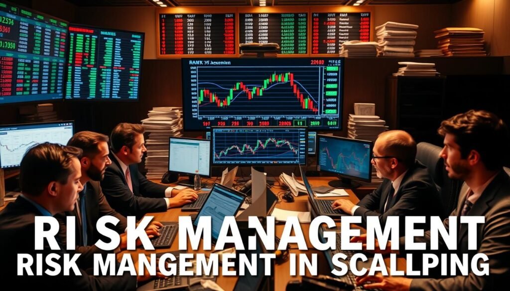 A professional trading desk scene focused on "Risk Management in Scalping." In the foreground, a diverse group of business professionals in formal attire analyze market charts on laptops and screens, displaying bullish and bearish trends. In the middle, a large monitor shows a detailed candlestick chart, with risk assessment metrics highlighted. The background features financial news tickers and stacks of financial reports, conveying a high-energy trading environment. Use warm, ambient lighting to create a serious yet dynamic atmosphere, with shadows to add depth. Capture the scene from a slightly elevated angle, emphasizing the collaboration and intensity of the traders as they discuss strategies, ensuring a focus on professionalism and teamwork in the fast-paced world of scalping.
