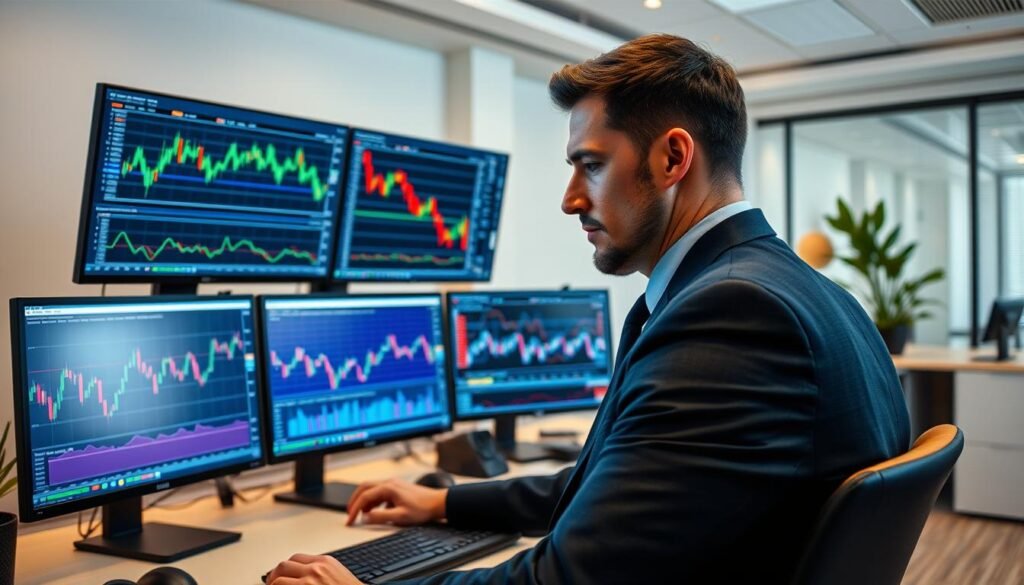 A professional trading environment featuring a sleek desktop setup with multiple monitors displaying trading charts and graphs. In the foreground, a focused trader dressed in business attire analyzes the data, with bright, warm lighting highlighting their expressions of concentration. In the middle ground, various screens show detailed charts with fluctuating lines and candlestick patterns, emphasizing trading fees and performance metrics of Vantage. In the background, a modern office setting with subtle decor, soft colors, and an organized workspace creates a professional atmosphere. The scene conveys a sense of diligence and insight into trading costs, inviting viewers to explore the financial topic at hand.