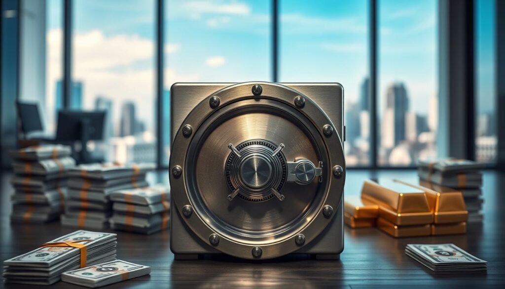 A representation of financial security, "أمان الأموال", centered on a strong safe with intricate lock mechanisms in the foreground. The safe exudes metallic sheen, captured with soft, diffused lighting that highlights its robust structure. Surrounding the safe, neatly stacked bundles of cash and gleaming gold bars symbolize wealth and protection. In the middle ground, a blurred office environment reflects sophistication, with a large window showcasing a city skyline under a clear blue sky, suggesting stability and trust. The mood is serious yet optimistic, enhancing the theme of financial protection. The angle captures the safe from slightly above, providing a commanding view that emphasizes its strength and security. No text or logos to maintain focus on the imagery.