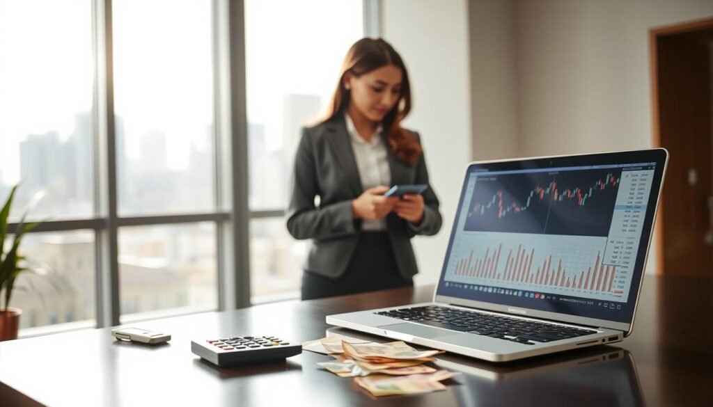 A serene and modern office environment showcasing the essentials of foreign exchange trading. In the foreground, a sleek desk featuring a laptop displaying forex charts and analytics, with scattered currency notes and a calculator. In the middle, a professional woman in business attire, focused on her work, analyzing graphs on the screen. The background shows a large window with a cityscape view, bright daylight illuminating the room. Soft, natural lighting creates a calm atmosphere. The composition emphasizes a sense of professionalism and dedication, highlighting the fundamental concepts of forex trading in an engaging yet informative manner.