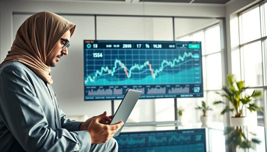 A serene trading environment showcasing Islamic forex accounts. In the foreground, a well-dressed professional in modest business attire, analyzing data on a sleek laptop. The middle ground features a large interactive display screen, showing fluctuating currency graphs with clear Islamic symbols subtly integrated. The background illustrates a modern office space with large windows, allowing soft natural light to fill the room, creating a calm and focused atmosphere. A few potted plants add a touch of greenery, enhancing the peaceful vibe. The composition emphasizes professionalism, trust, and the unique aspects of Islamic trading principles. Focus on clarity and detail in the graphs while maintaining a harmonious color palette, predominantly blues and greens, to reflect tranquility and prosperity.