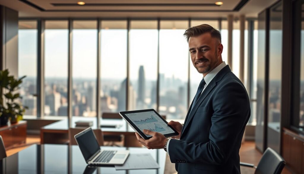 A sleek and modern financial office environment showcasing various account types available at XTB. In the foreground, a professional businessperson in formal attire is consulting a digital tablet displaying graphs and account details. The middle layer emphasizes an elegant desk with financial documents and a laptop, suggesting serious trading discussions. The background features a panoramic window view of a bustling city skyline, symbolizing the dynamic nature of financial markets. Soft, natural lighting streams in from the window, creating an inviting atmosphere. The camera angle is slightly elevated, focusing on the businessperson's engaged expression and the vibrant colors of the office. The overall mood conveys professionalism, expertise, and the exciting world of financial trading.