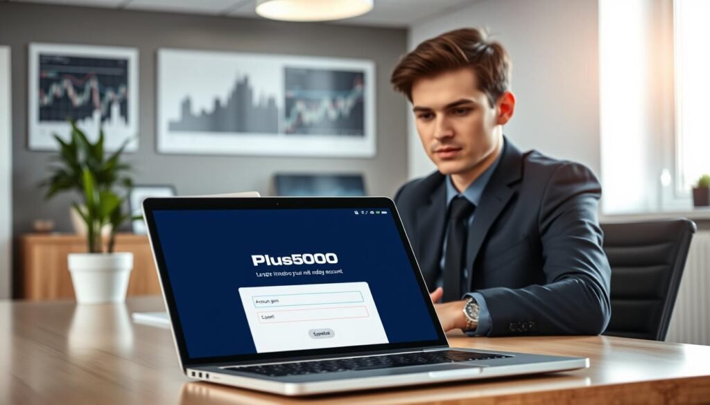 A sleek, modern office environment featuring a young professional in smart business attire, sitting at a desk with a laptop open to the Plus500 trading platform. In the foreground, a close-up of the laptop screen displays the account opening page of Plus500, highlighting its user-friendly interface. In the middle, the professional is focused on the screen, with a look of determination and focus. The background showcases a well-organized workspace with a potted plant and financial charts on the wall, creating a motivating and productive atmosphere. Soft, natural lighting filters in through a nearby window, casting a warm glow. The image captures a sense of professionalism, modernity, and the step-by-step journey of opening a trading account.