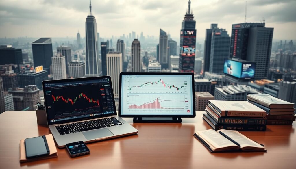 A sleek trading desk showcasing various trading tools and platforms available at Tickmill. In the foreground, include a modern laptop displaying trading charts and market analysis. Surround the laptop with professional items such as a smartphone, notepad, and financial books. In the middle, illustrate graphs and a transparent screen showing live market updates and trading options. In the background, depict a panoramic view of a bustling financial district with tall buildings and digital billboards displaying stock prices. Use soft, diffused lighting to create a focused atmosphere that conveys professionalism and expertise. The angle should be slightly elevated, providing a clear view of the trading setup and the skyline beyond, emphasizing the dynamic nature of the trading world.