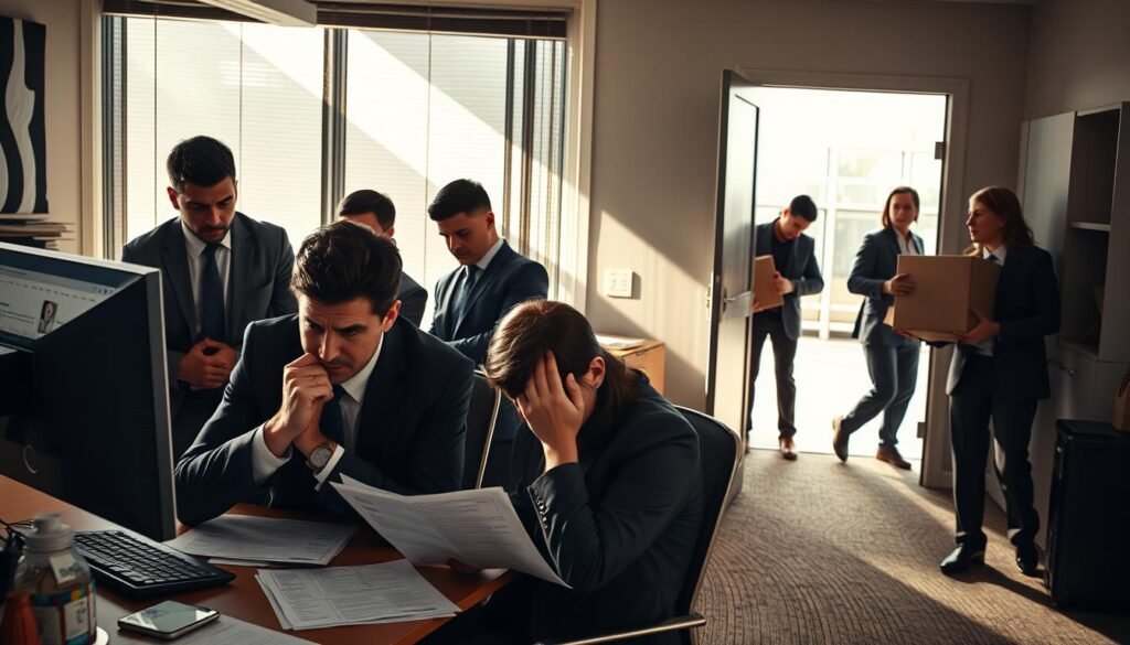 A tense office environment showcasing a group of professionals dressed in formal business attire, visibly expressing frustration and concern as they review documents labeled "scam" in bold letters. In the foreground, a worried individual is seated at a desk, holding their head in their hands, while another points at a computer screen displaying a dubious website. The middle layer features a large window with sunlight pouring in, illuminating the scene and casting long shadows. In the background, a partially open door reveals a disheveled employee carrying boxes, symbolizing layoffs. The overall atmosphere is filled with tension and a sense of urgency, enhanced by dramatic lighting that highlights the stark contrast between hope and despair.