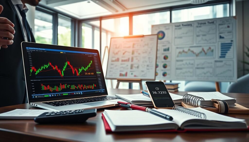 A vibrant and dynamic scene showcasing essential tools for technical and fundamental analysis in stock trading. In the foreground, a sleek laptop displays colorful stock charts and graphs, while a professional dressed in business attire analyzes the data. Beside the laptop, various analytical tools like a calculator, notebooks filled with notes, and a smartphone showing stock alerts. In the middle ground, a whiteboard covered in financial strategies and market trends adds depth to the workspace. The background features a modern office environment with large windows that allow natural light to flood the space, creating a bright and inspiring atmosphere. The lighting is soft yet focused, highlighting the analytical tools and creating an air of concentration and professionalism.