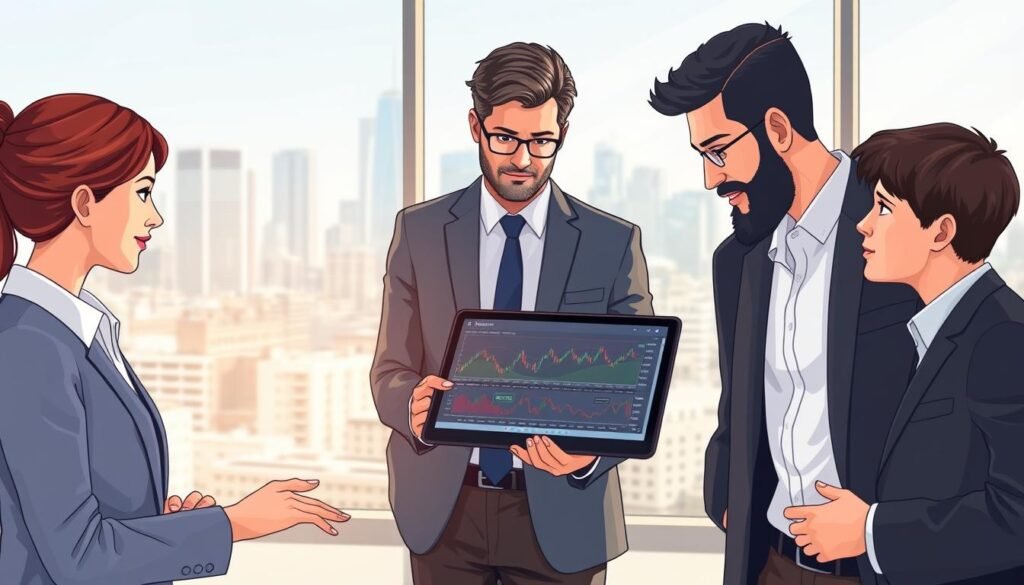 A visually engaging and informative illustration showcasing the essential features of Plus500 for beginner traders. In the foreground, depict a diverse group of three traders (a young woman, a middle-aged man, and a young man) in professional business attire, engaged in discussions around a digital tablet displaying the Plus500 platform. In the middle ground, include a sleek trading interface on the tablet with graphs, charts, and intuitive icons representing user-friendly navigation. The background should feature a modern office setting with a large window revealing a city skyline, suggesting a sense of opportunity and growth. Soft, natural lighting should create a warm atmosphere, symbolizing approachability and clarity, while maintaining a focus on professionalism and technology.