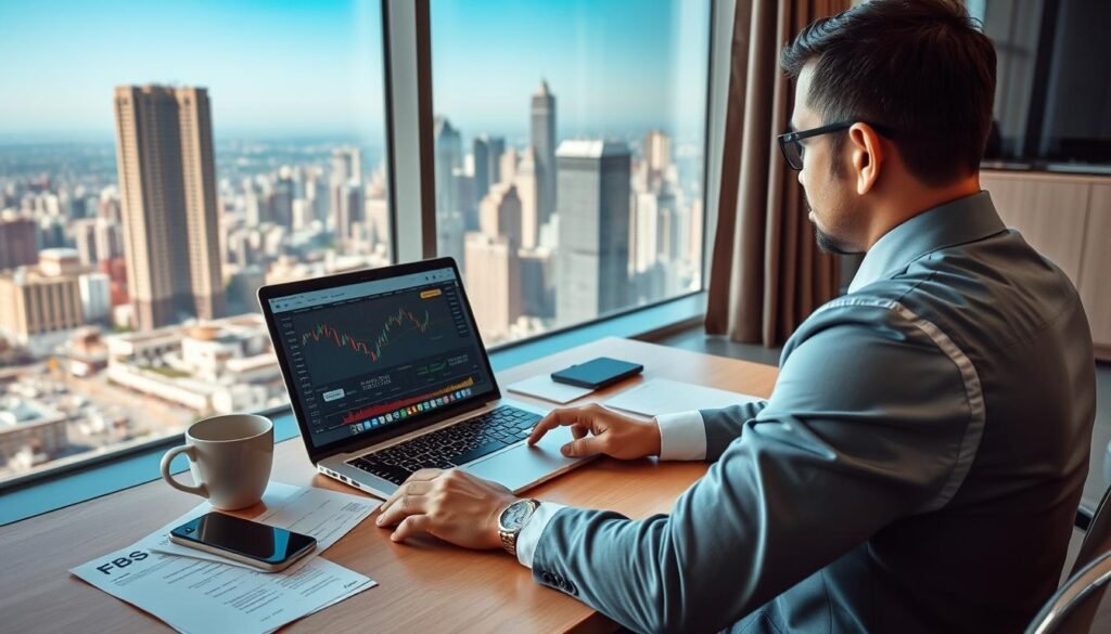 A visually engaging scene depicting the process of withdrawing profits from the FBS trading platform. In the foreground, a business professional in smart attire sits at a modern desk, focused on a sleek laptop displaying the FBS interface, with visible graphs and profit indicators. The middle ground features a neatly organized workspace with financial documents, a cup of coffee, and a smartphone showing notifications related to trading. In the background, a large window offers a view of a bustling cityscape under a clear blue sky, with soft natural lighting pouring in, creating a professional and optimistic atmosphere. The overall composition should evoke a sense of success and professionalism in trading.